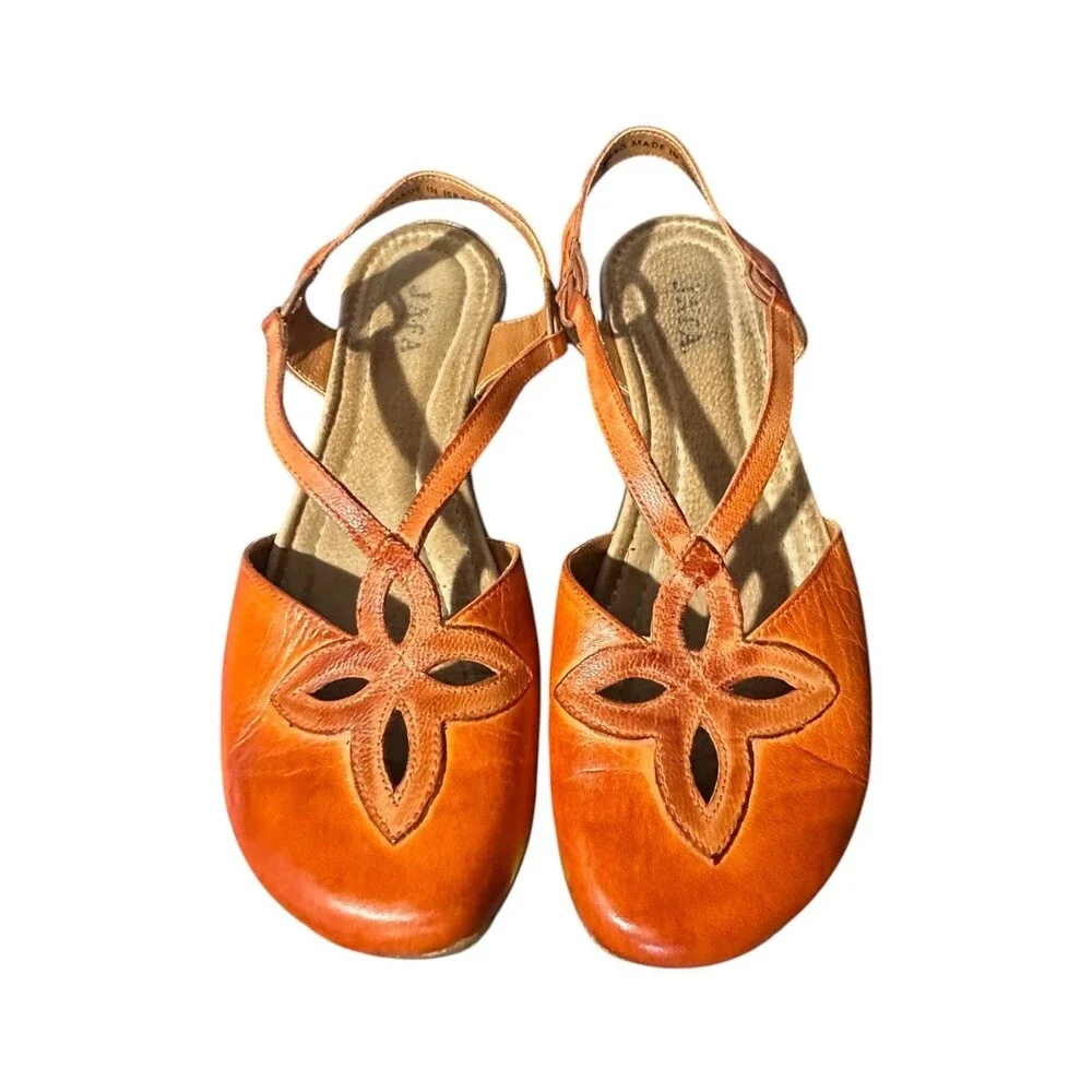 JAFA Sandals EU 40 US 9.5 Mary Jane Cut Out Floral Orange Leather Boho Boheim